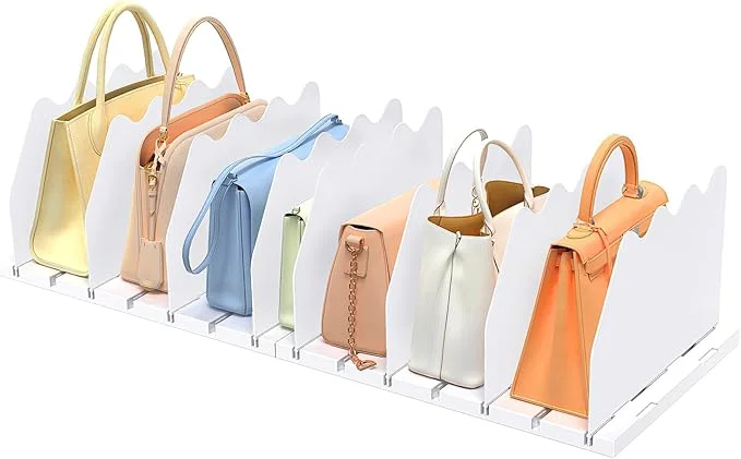 Trendy SOYO Adjustable Clear Purse Organizers for Closet Acrylic Shelf Divider for Bag and Purse Storage Clear Pocketbook and Handbag Organizer Bookshelf Separator Organizers for House Office Use WhiteAbout This Reusable