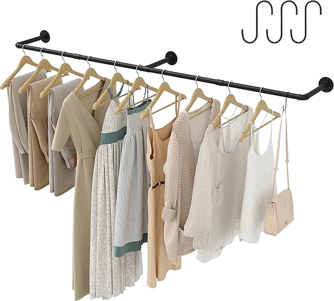 Verified Industrial Pipe Clothes Rack with 3 Hooks 72 'L Wall Mounted Garment Rack Heavy Duty Iron Garment Bar Clothes Hanging Rod Bar for Laundry Room Max Load 135Lb Black 3 Base About ThisOverview High-End