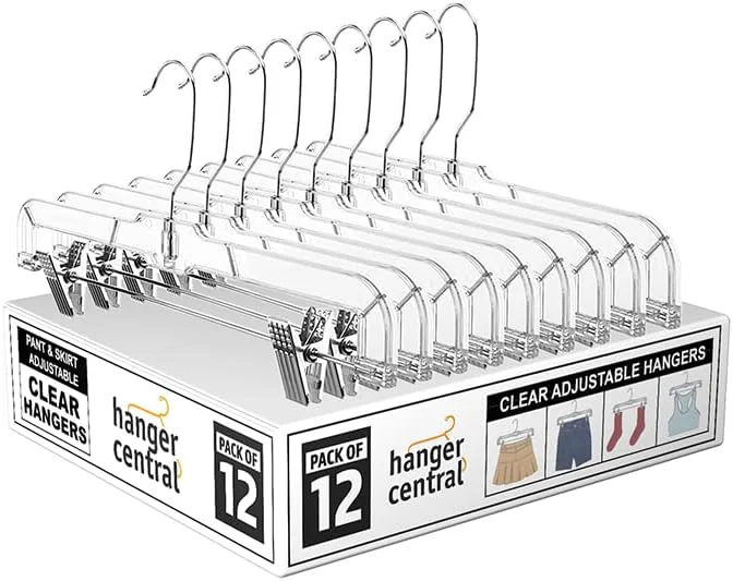 Advanced Hanger Central Premium 14 Inch Clear Pants Hangers with Adjustable Clips - 12 Pack Space-Saving Skirt Hangers - Non-Slip Heavy Duty Plastic Closet Organizers with 360° Swivel HookAbout ThisOverview Sustainable