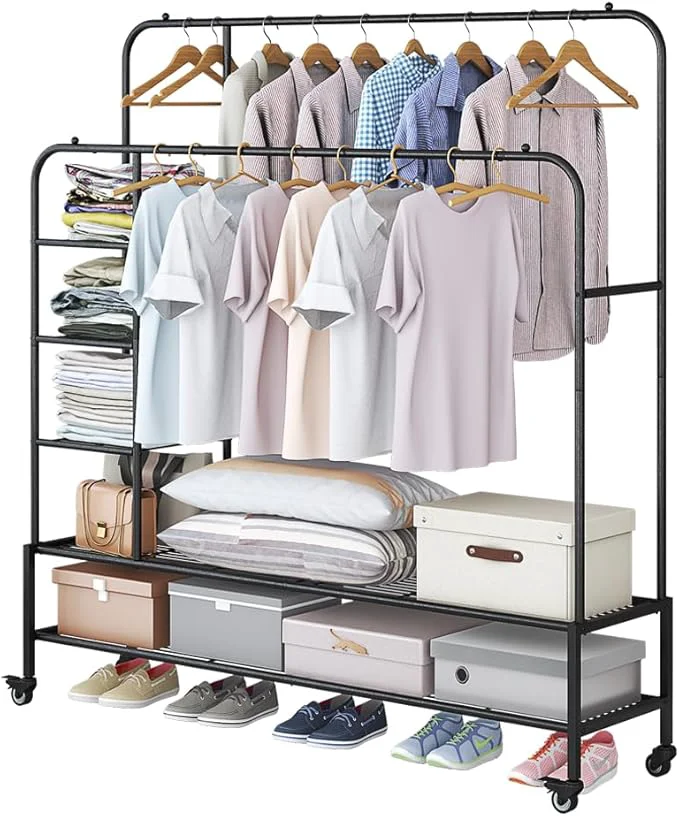 Efficient SUOERNUO Garment Rack for Hanging Clothes Rack Heavy Duty Portable with Bottom Metal Shelf Drying Coats Shirt Black Black Double Rods Shelf About ThisOverview Smart