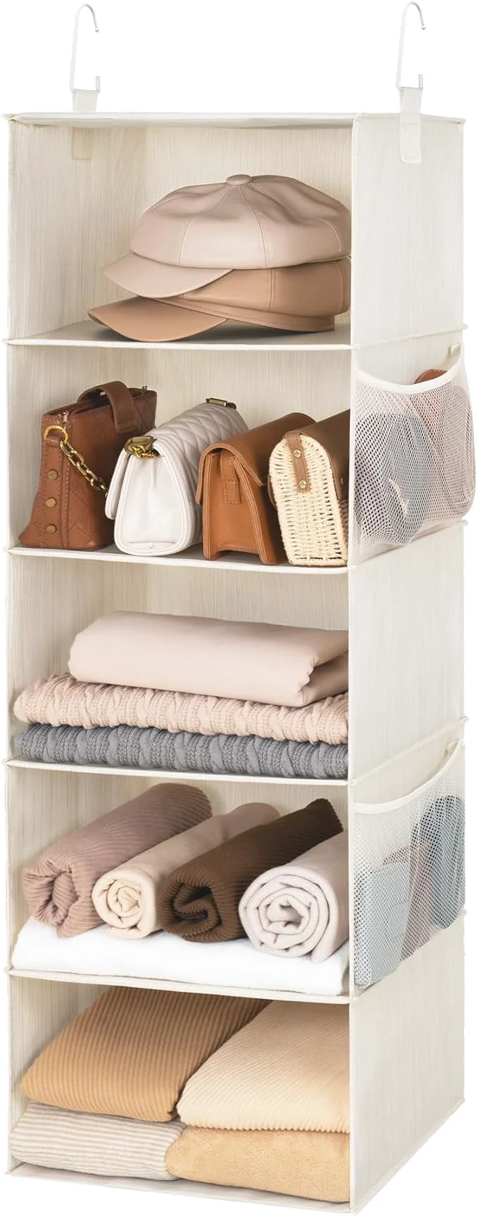 Solid StorageWorks 5-Shelf Hanging Closet Organizers Foldable Closet Storage Organizer with 2 Side Pockets Portable Hanging Shelves for Clothes Sweater 12 1⁄2 D x 15 W x 48 H White IvoryAbout ThisOverview Refined