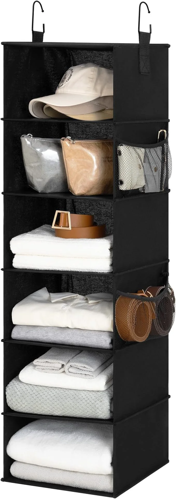 Smart StorageWorks 6-Shelf Hanging Closet Organizers Foldable Closet Storage Organizer with 2 Side Pockets Portable Hanging Shelves for Wardrobe Kid's Rooms Dorms R 12 D x 12 W x 47 1⁄2 H BlackAbout ThisOverview Optimized