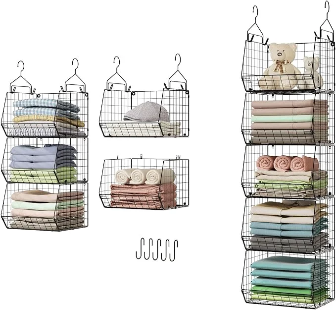 Premium Material 5 Tier Closet Hanging Organizer Clothes Hanging Shelves with 4 Hanging Hooks 5 S Hooks Wire Storage Basket Bins for Clothing Sweaters Shoes Handbags Clutches Accessories Patent DesignAbout ThisOverview Expertly Made