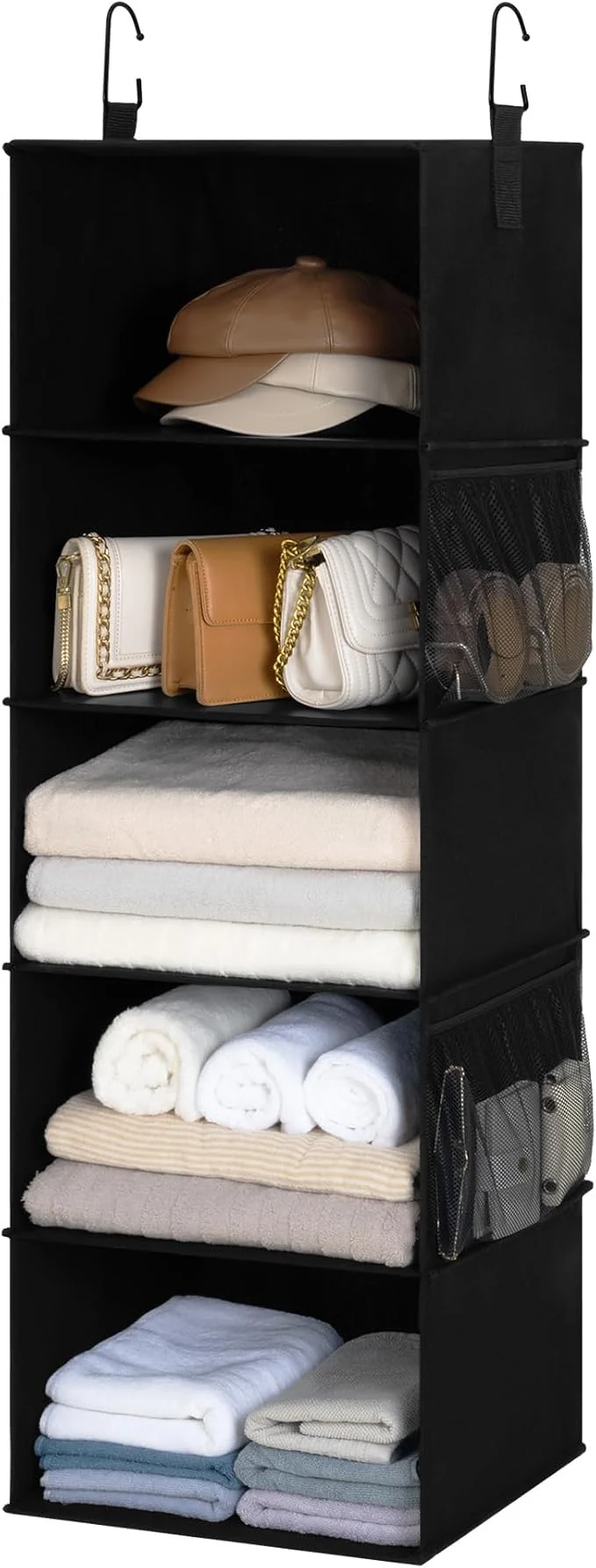 Practical StorageWorks 5-Shelf Hanging Closet Organizers Foldable Closet Storage Organizer with 2 Side Pockets Portable Hanging Shelves for Clothes Sweater Towels 12 1⁄2 D x 15 W x 48 H BlackAbout ThisOverview Trendy