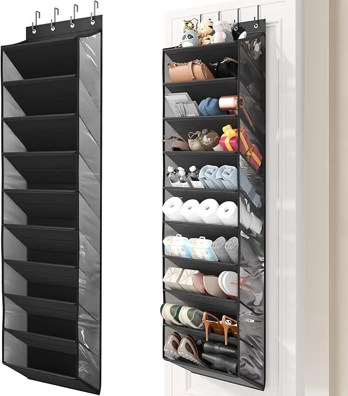 Unique 20-25 Pairs Over the Door Shoe Organizer Clear Pockets Shoe Rack for Closet Door 10-Tier Hanging Shoe Rack for Boots Behind the Door Shoe Holder Fit All the Family's Sneakers Boots Heels BlackAbout ThisOverview First-Class