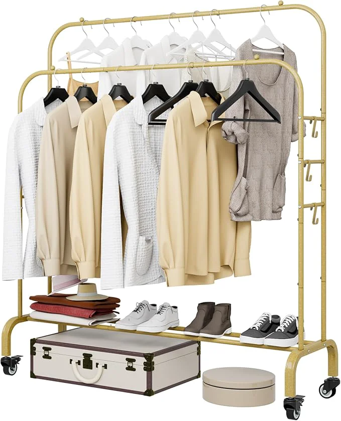 Top-Quality SUOERNUO Garment Rack with Wheels Clothing Rack for Hanging Clothes Multi-functional Bedroom Clothes Rack，Gold Double RodsAbout ThisOverview Detailed