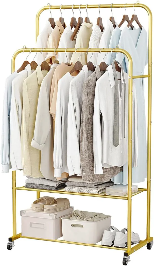 Crafted SUOERNUO Clothes Rack with Wheels Garment Rack for Hanging Heavy-Duty Clothing Rack Metal Rolling Clothes Shelves for Bedroom Closet Golden About ThisOverview Efficient