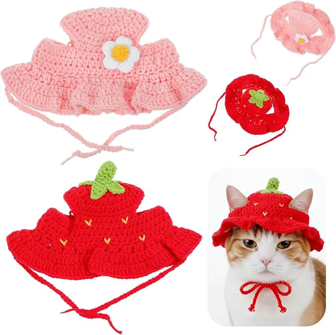 Smooth 2PCS Strawberry Cat Hats Cute Flower Crochet Hats Prestigious