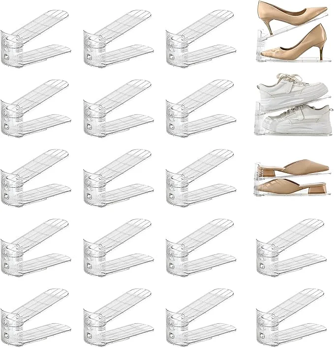 Consistent 20 Pack Shoe Slots Organizer Adjustable Level Shoe Stacker Holder Storage Space Saving Sneakers Display Tray Rack for Closet Transparent 20 Pack About ThisOverview Durable