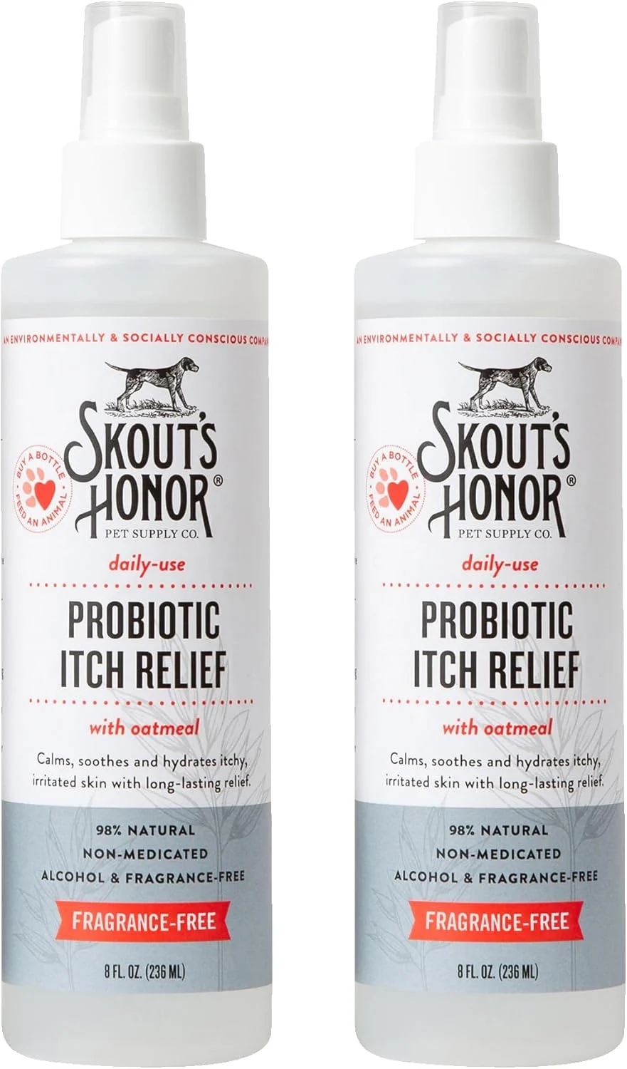 Safe SKOUT'S HONOR Probiotic Itch Relief Spray for Pets - Non-Medicated Fragrance- Natural Vegan Long-Lasting Relief with Soothing Aloe Avocado Oil 8 oz 2-Pack Powerful