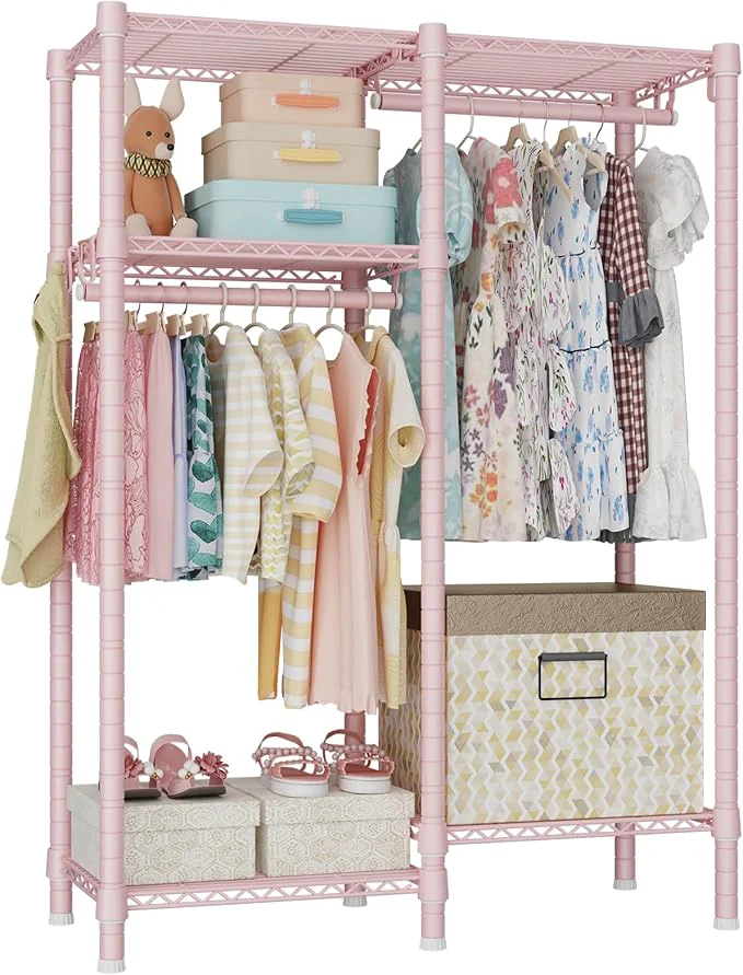 Fast Ulif F1 Clothes Rack for Kids Baby Students and Children's Room 4 Tiers Portable Metal Closet Clothing Rack Small Garment Rack with 2 Hanging Rod 31.2 W x 11.8 D x 48 H PinkAbout ThisOverview Original