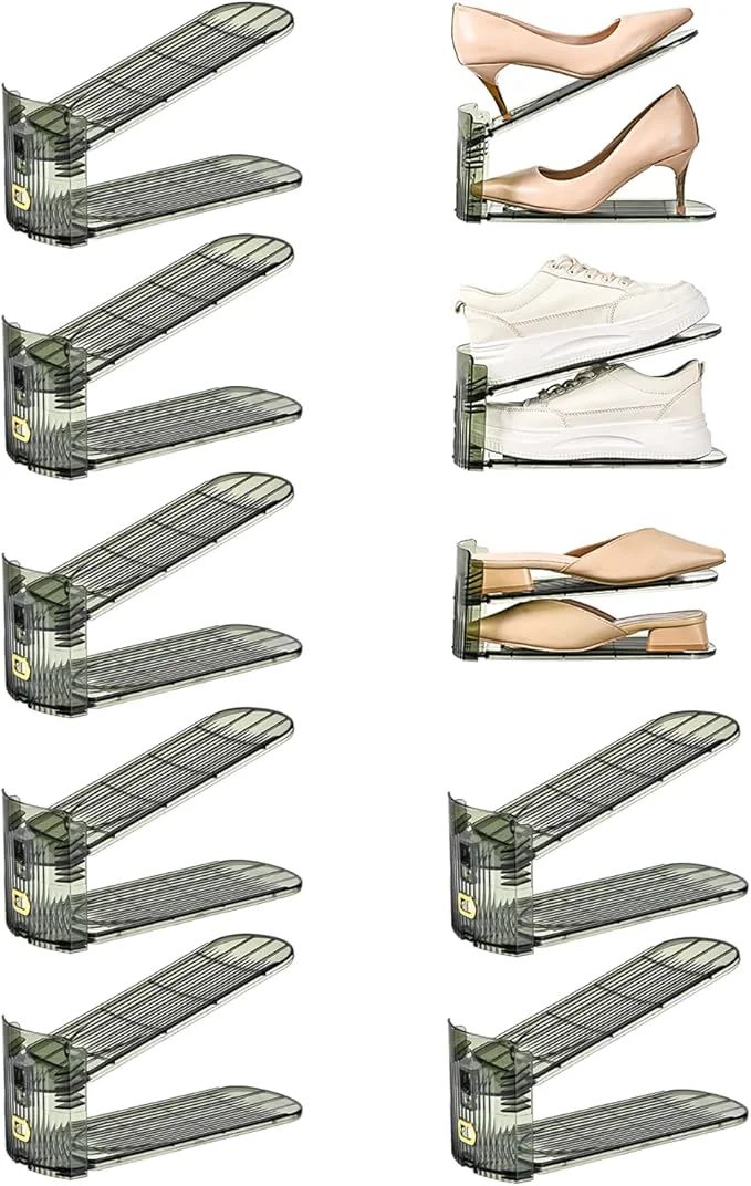 Recyclable Shoe Slots Organizer Clear Shoe Stacker Adjustable Level Shoe Rack Storage Space Saver for Sneakers Display Green Transparent 10Pack About ThisOverview Minimalist