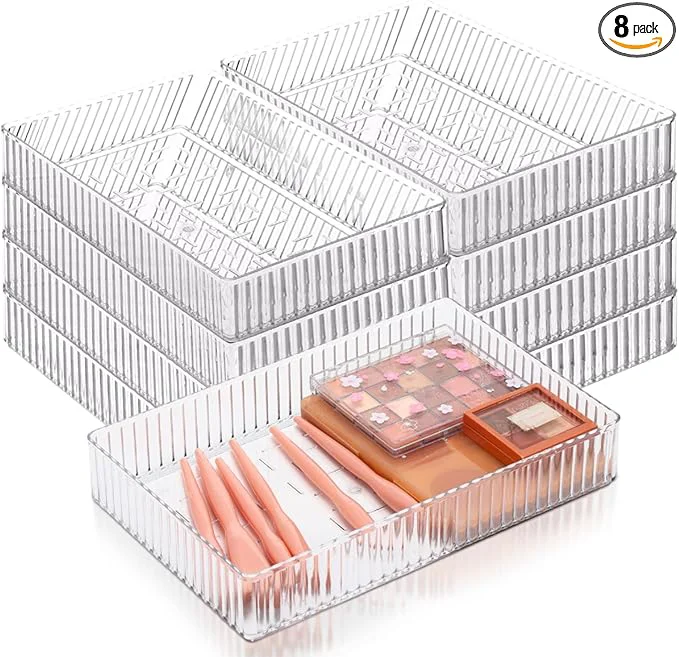 Relaxed 8 Pcs Clear Drawer Organizers Bins Stackable Makeup and Vanity Organizer Trays Clear Plastic Drawer Organizers Set for Office Desk Dividers 9.9 x 6.3 x 1.8 Inches About ThisOverview Next-Generation