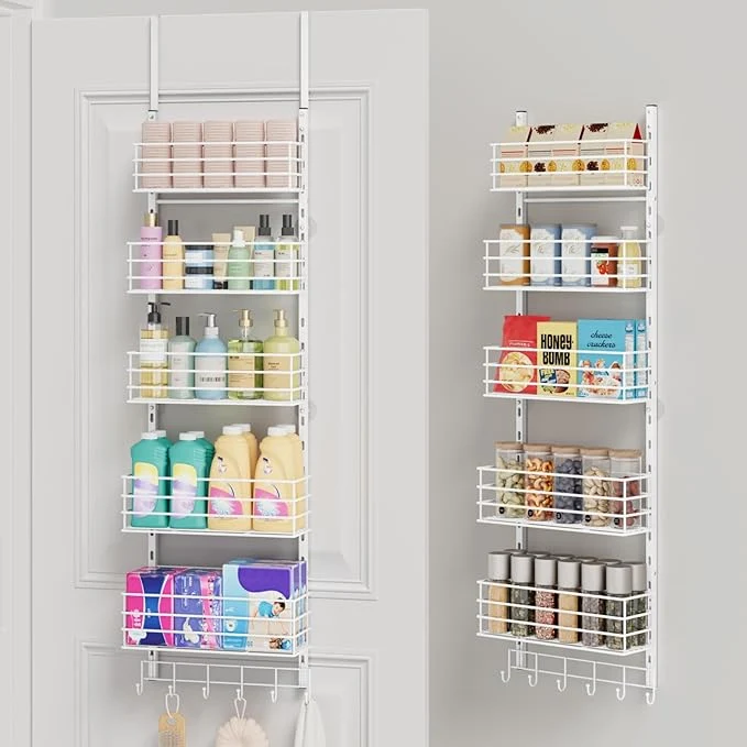 Recyclable SWTYMIKI Over The Door Organizer - Door Organizer Hanging with 5 Adjustable Metal Large Capacity Basket and 6 Coat Hook Wall Mounted Shelf for Bedroom Closet Bathroom Laundry Pantry Cabinet KitchenAbout ThisOverview Sophisticated