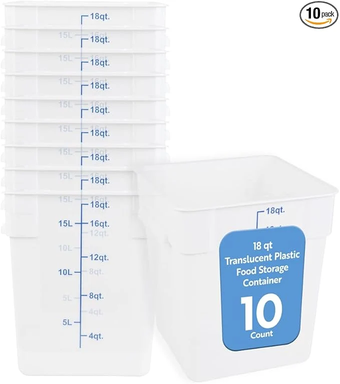 Proven Restaurantware Food Storage Container 10 Pack of 18 qt Plastic Kitchen Storage Bin with Volume Markers Space-Efficient Design Dishwasher-Safe Polypropylene TranslucentAbout ThisOverview Soft
