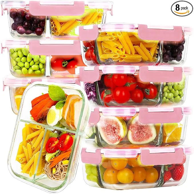 Original Design HOMBERKING 8 Pack Glass Meal Prep Containers 3 Compartment 36oz Glass Food Storage Containers with Lids Airtight Glass Lunch Bento Boxes BPA- Leak Proof 8 lids 8 Containers - PinkAbout ThisOverview Long-Lasting