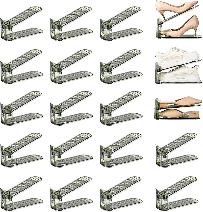Specialty 20 Pack Shoe Slots Organizer Adjustable Level Shoe Stacker Holder Storage Space Saving Sneakers Display Tray Rack for Closet Green Transparent 20 Pack About ThisOverview Modern