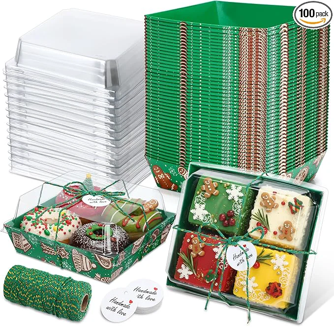 Authentic Outus 100 Pack Charcuterie Boxes with Clear Lids 5.7 x 5.1 '' Mother 's Day Back to School Paper Food Containers Cake Take out Bakery Boxes with Gift Tags Rope for Desserts Green Brown Christmas About ThisOverview Exceptional