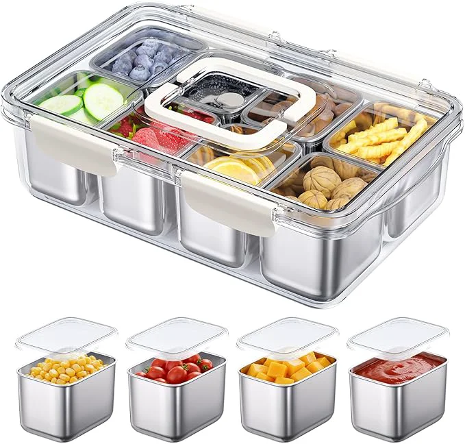 Unique Snackle Box Container 304 Stainless Steel Divided Serving Tray with Lid and Handle Portable 8 Compartments Veggie Tray for Fruits Veggies Nuts Candy Dishwasher Safe for Travel Picnic Beach PartiesAbout ThisOverview