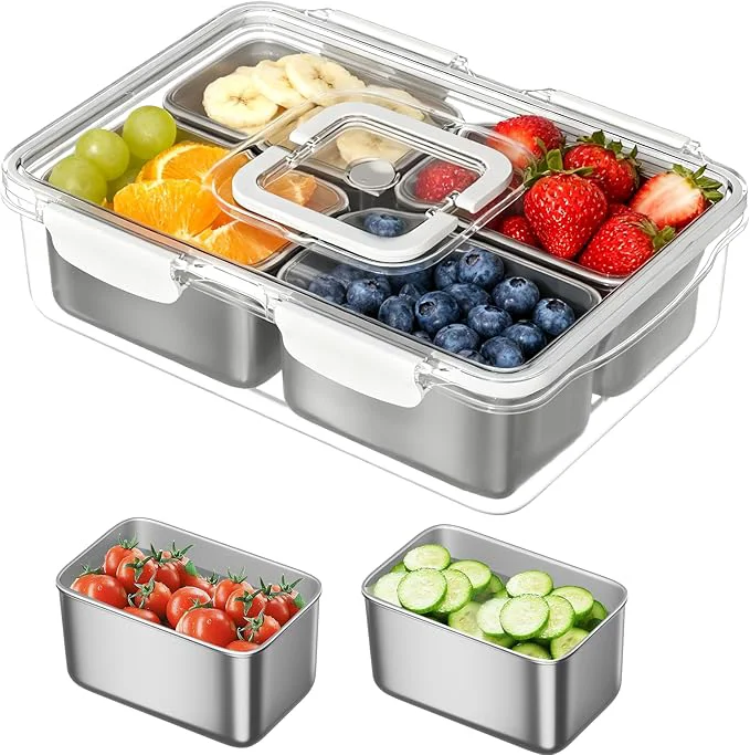 Next-Generation Snackle Box Container 304 Stainless Steel Divided Serving Tray with Lid and Handle Portable 4 Compartments Veggie Tray for Fruits Veggies Nuts Candy Dishwasher Safe for Travel Picnic Beach PartiesAbout ThisOverview Convenient