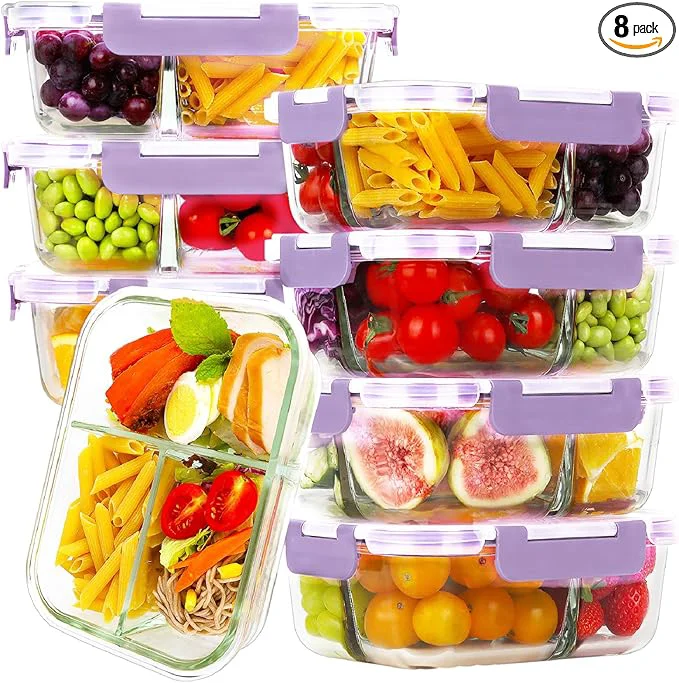 Breathable HOMBERKING 8 Pack Glass Meal Prep Containers 3 Compartment 36oz Glass Food Storage Containers with Lids Airtight Glass Lunch Bento Boxes BPA- Leak Proof 8 lids 8 Containers - PurpleAbout ThisOverview Pure