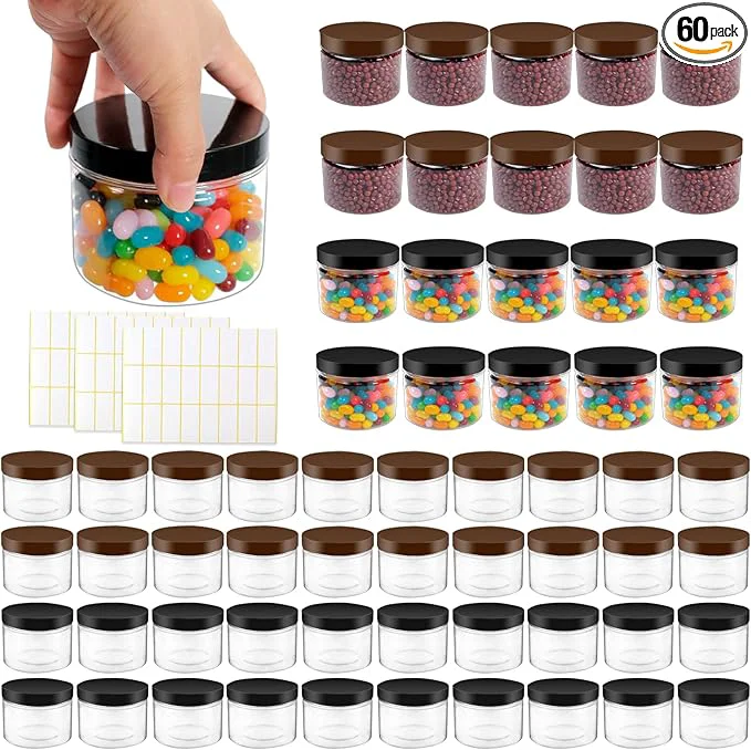 High-Quality 60 Pcs 10 oz Clear Plastic Jars Containers Cylinder Round Containers Airtight Screw Wide Mouth Storage Jars with Lids for Food Kitchen Honey Butter Cosmetics Black Brown About ThisOverview Certified