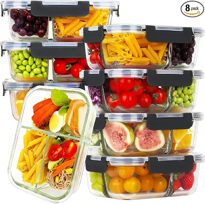 Clean HOMBERKING 8 Pack Glass Meal Prep Containers 3 Compartment 36oz Glass Food Storage Containers with Lids Airtight Lunch Bento Boxes BPA- Leak Proof 8 lids 8 Container - BlackAbout ThisOverview Healthy
