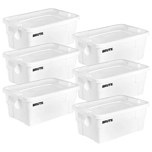 Smart Rubbermaid Commercial Products BRUTE Tote Storage Bin with Lid 14-Gallon White Rugged Reusable Boxes for Moving Camping Garage Basement Storage Pack of 6About ThisOverview Reliable