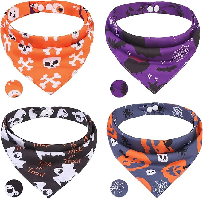 Excellent PAWCHIE Dog Halloween Bandanas 4 Pack Reversible Pumpkin Dogs Scarf Bibs Comfortable