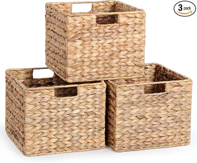 Elite 12x12x10in Water Hyacinth Storage Basket Large Folding Cube Woven Wicker Storage Basket for Shelves Pantry Baskets Organization and Storage Kitchen Storage Baskets Large Rattan Basket Set of 3About ThisOverview Expertly Made