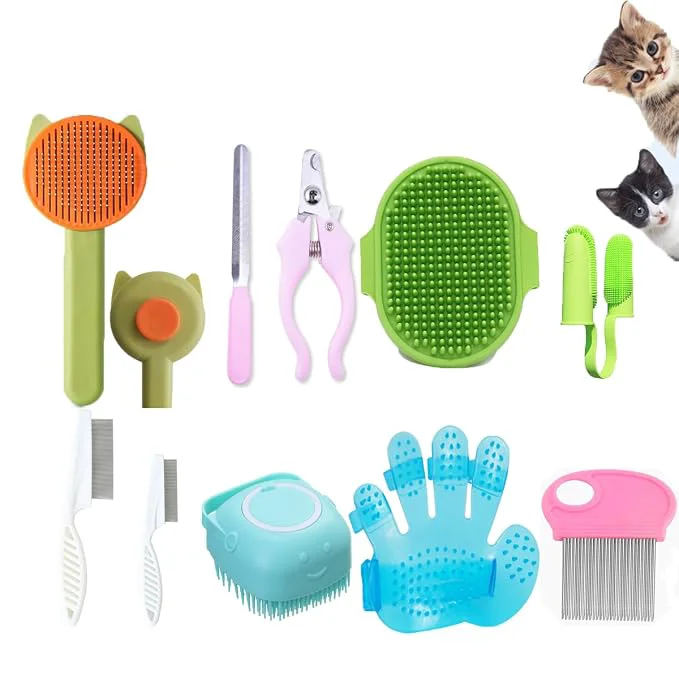 Elegant 10PCS Cat Dog Grooming Kit Self-Cleaning Brush Removes Loose Hair Pet Bath Secure