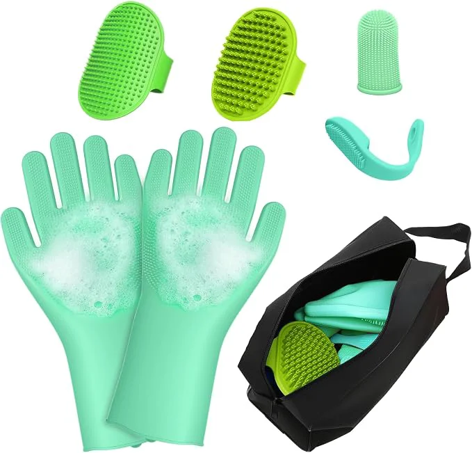 Prestigious 7PCS Dog Washing Gloves Dog Bath Brush Storage Bag Dog Finger Toothbrush High-Grade