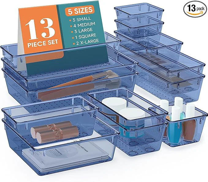 Contemporary 13 PCS Drawer Organizer Set 5 Varied Size Bathroom and kitchen Drawer cabinet organizer Trays Clear Storage Bins for Makeup Jewelry Utensils and Gadgets Dark BlueAbout ThisOverview Outstanding