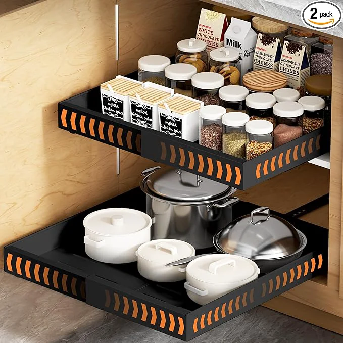 Exclusive 2 Pack Pull out Cabinet Organizer Expandable Width 12 -20 and 21 Depth No Drill Adjustable Slide Out Drawers for Kitchen Cabinets With 3 Slide Rails Magnetic Panel Adhesive Roll out ShelvesAbout ThisOverview Minimalist