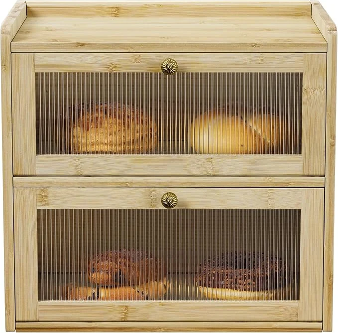 Premium Material Bread Box for Kitchen Countertop Wooden Bread Storage Container Bin 2 Layer Corner Breadbox Large Capacity Vintage Farmhouse Food Organizer Pantry Shelf with Window - Natural BambooAbout ThisOverview Comfortable