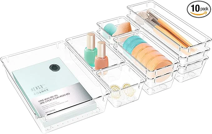 Traditional 10 PCS Drawer Organizer Set 4 Varied Size Bathroom and kitchen Drawer cabinet organizer Trays Clear Storage Bins for Makeup Jewelry Utensils and GadgetsAbout ThisOverview Enhanced