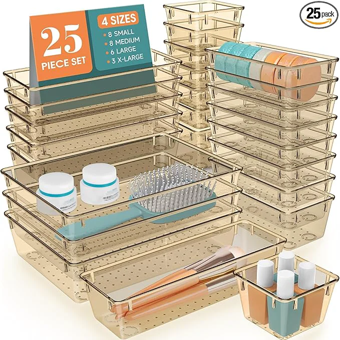 Sophisticated 25 PCS Drawer Organizer Set 5 Varied Size Bathroom and kitchen Drawer cabinet organizer Trays Clear Storage Bins for Makeup Jewelry Utensils and Gadgets ChampagneAbout ThisOverview Healthy