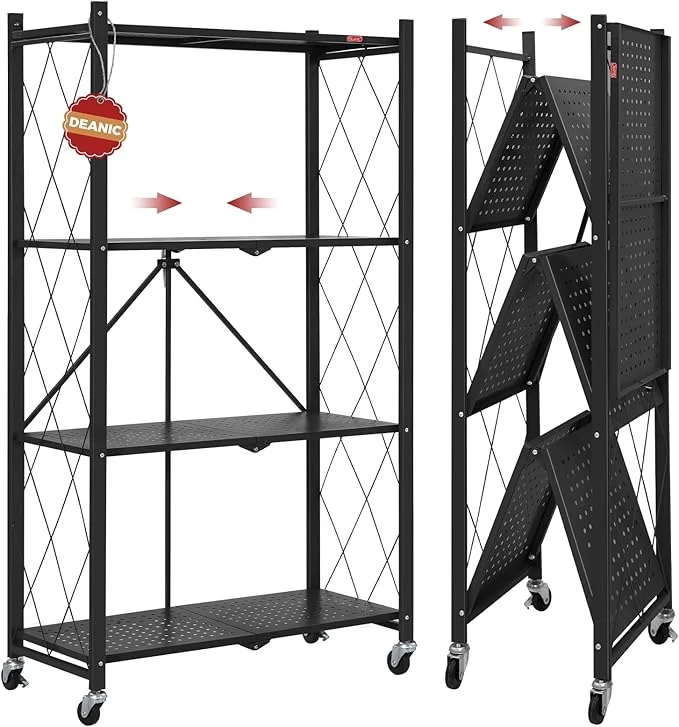 Flexible DEANIC 4 Tier Foldable Storage Shelves with Wheels No Assembly Organizer Rack for Garage Kitchen Basement Pantry for Craft Shows Vendor Events Black About ThisOverview Secure