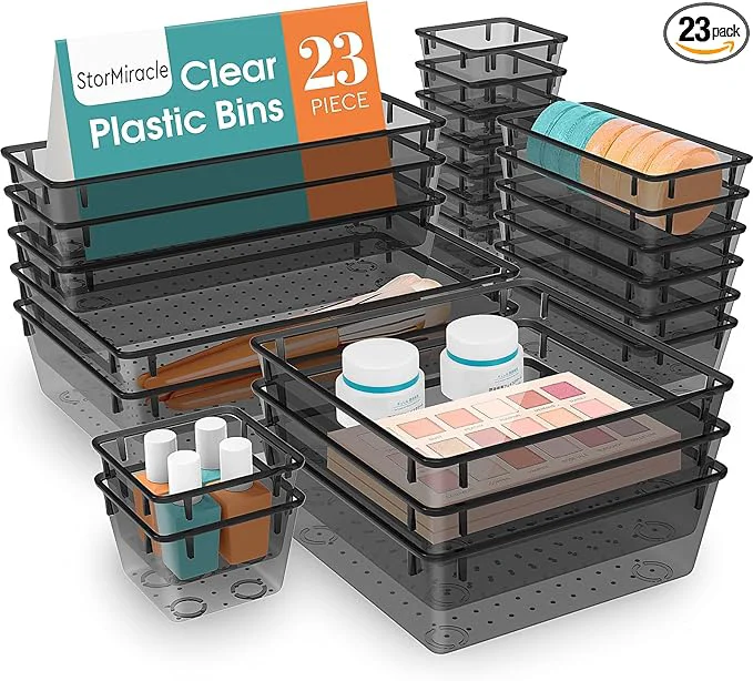 Unique 23 PCS Drawer Organizer Set 5 Varied Size Bathroom and kitchen Drawer cabinet organizer Trays Clear Storage Bins for Makeup Jewelry Utensils and Gadgets BlackAbout ThisOverview World-Class