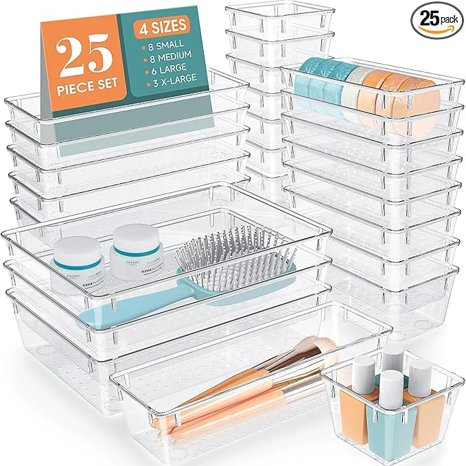 Convenient 25 PCS Drawer Organizer Set 4 Varied Size Bathroom and kitchen Drawer cabinet organizer Trays Clear Storage Bins for Makeup Jewelry Utensils and GadgetsAbout ThisOverview Official