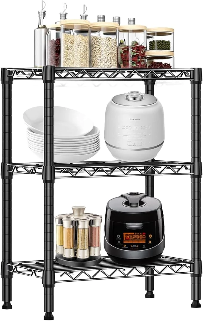 Exceptional Heavy Duty Stainless Steel Kitchen Storage Rack Adjustable Shelf Organizer with Non-Slip Mats Black for Cabinets Countertops Pantries 3-Tier Rack About ThisOverview Crafted
