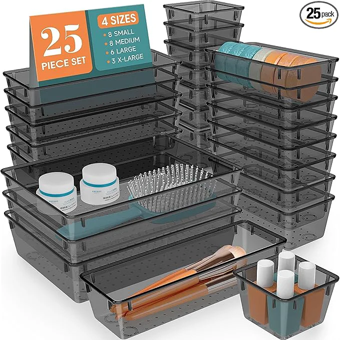User-Friendly 25 PCS Drawer Organizer Set 4 Varied Size Bathroom and kitchen Drawer cabinet organizer Trays Clear Storage Bins for Makeup Jewelry Utensils and Gadgets，BlackAbout ThisOverview Minimalist
