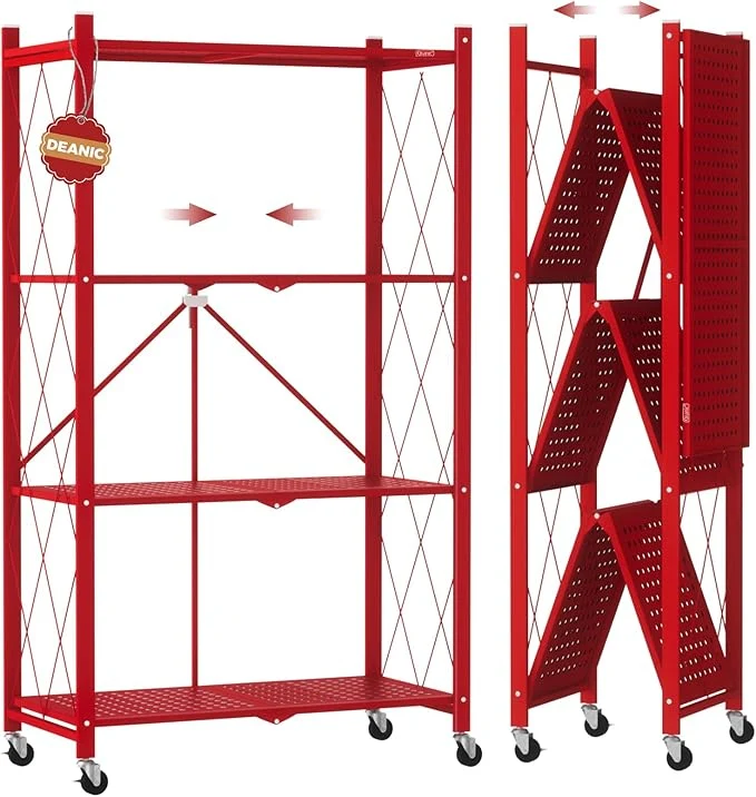 Recyclable DEANIC 4 Tier Foldable Storage Shelves with Wheels Large Capacity Shelving Unit standing Metal Wire Shelf Rack No Assembly Organizer Rack for Garage Kitchen Basement Red About ThisOverview High-Quality