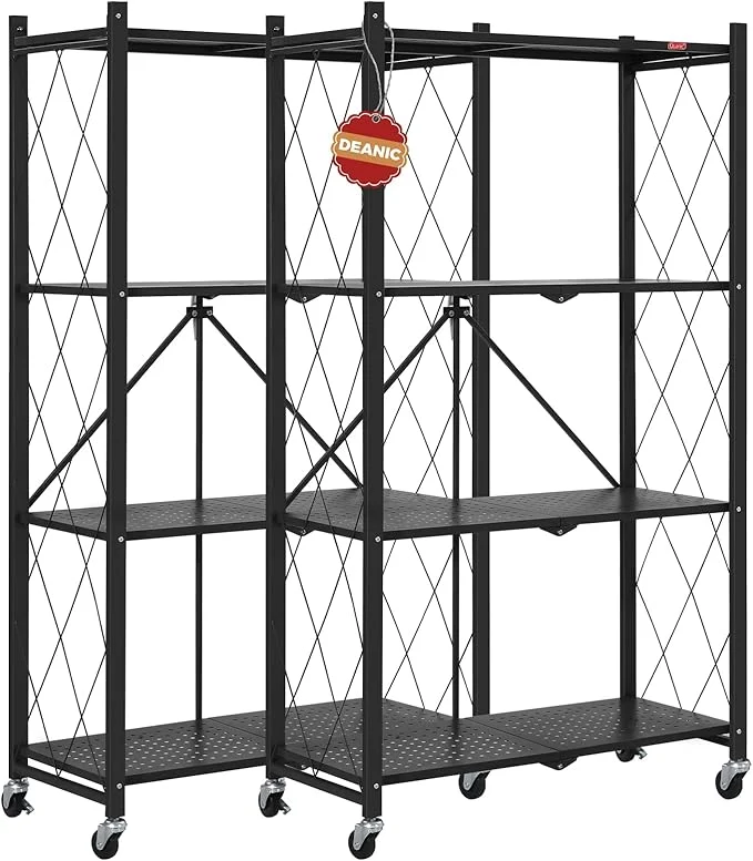 Detailed DEANIC 4 Tier Foldable Storage Shelves with Wheels Large Capacity Shelving Unit standing Metal Wire Shelf Rack No Assembly Organizer Rack for Garage Kitchen Basement Pantry Black Pack of 2 About ThisOverview Comfortable