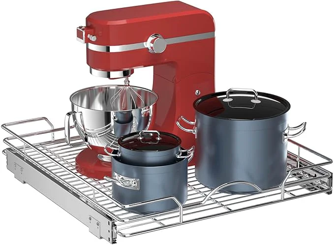 Reusable OCG Pull Out Cabinet Organizer 21 W x 21 D Pull out Shelves 1 Tier Cabinet Slide Out Shelves for Base Cabinet Organization in Kitchen Bathroom Pantry Bottom Mount Chrome FinishAbout ThisOverview Expertly Made