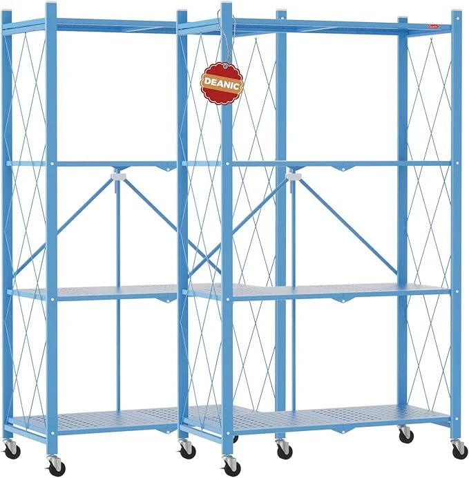 Detailed DEANIC 4 Tier Foldable Storage Shelves with Wheels Large Capacity Shelving Unit standing Metal Wire Shelf Rack No Assembly Organizer Rack for Garage Kitchen Basement Pantry Blue Pack of 2 About ThisOverview Sustainable