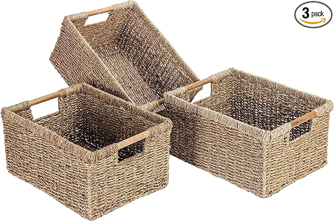 Genuine Large Wicker Basket Rectangular with Wooden Handles for Shelves Seagrass Basket Storage Natural Baskets for Organizing Wicker Baskets for Storage - 3 Pack LargeAbout ThisOverview Dependable