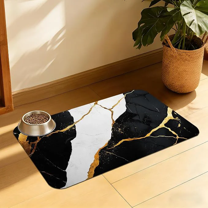 Functional Black Gold Marble Dog and Cat Food Mat Absorbent Feeding Placemat Waterproof Long-Lasting