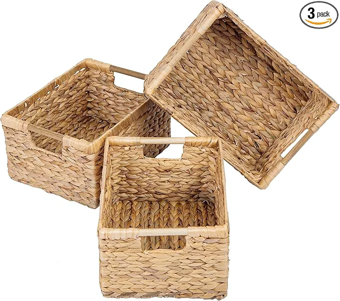 Safe Large Wicker Basket Rectangular with Wooden Handles for Shelves Water Hyacinth Basket Storage Natural Baskets for Organizing Wicker Baskets for Storage 14.5 x 10.3 x 7.5 inches - 3 PackAbout ThisOverview Versatile