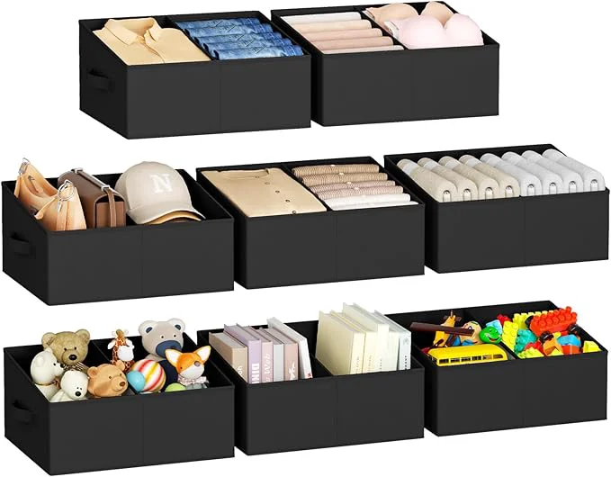Premium Material DIMJ Large Closet Shelf Organizer Bins 8 Packs with Handles and Divider Fabric Trapezoid Storage Baskets Foldable Clothes Containers Box for Shelf Towel Book Toy Purse Hats BlackAbout ThisOverview Trusted